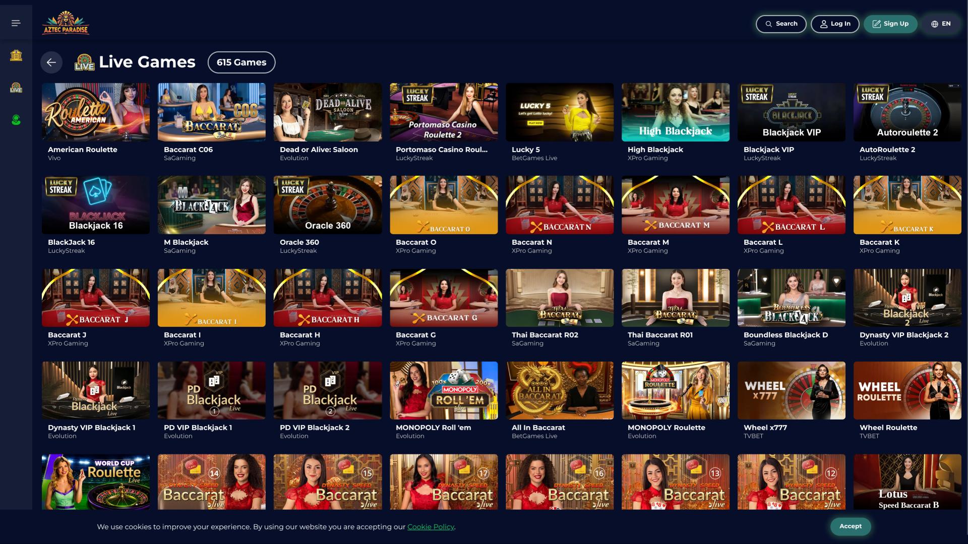 Aztec Paradise Casino live dealer page