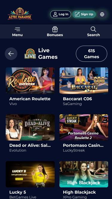 Aztec Paradise Casino live dealer mobile page