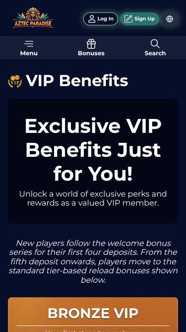 Aztec Paradise Casino VIP mobile page