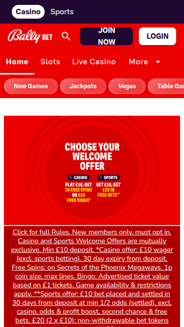Bally Casino Mobile Homepage
