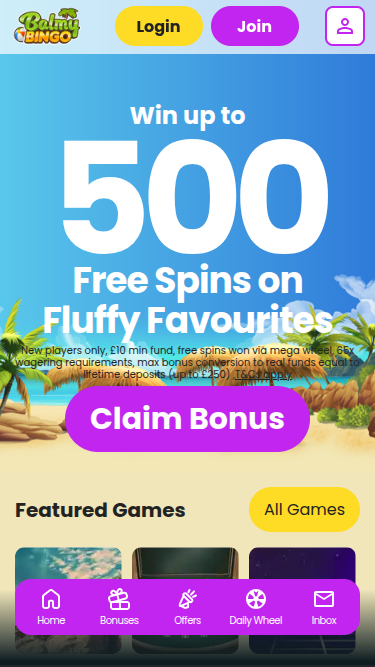 Balmy Bingo Mobile Homepage