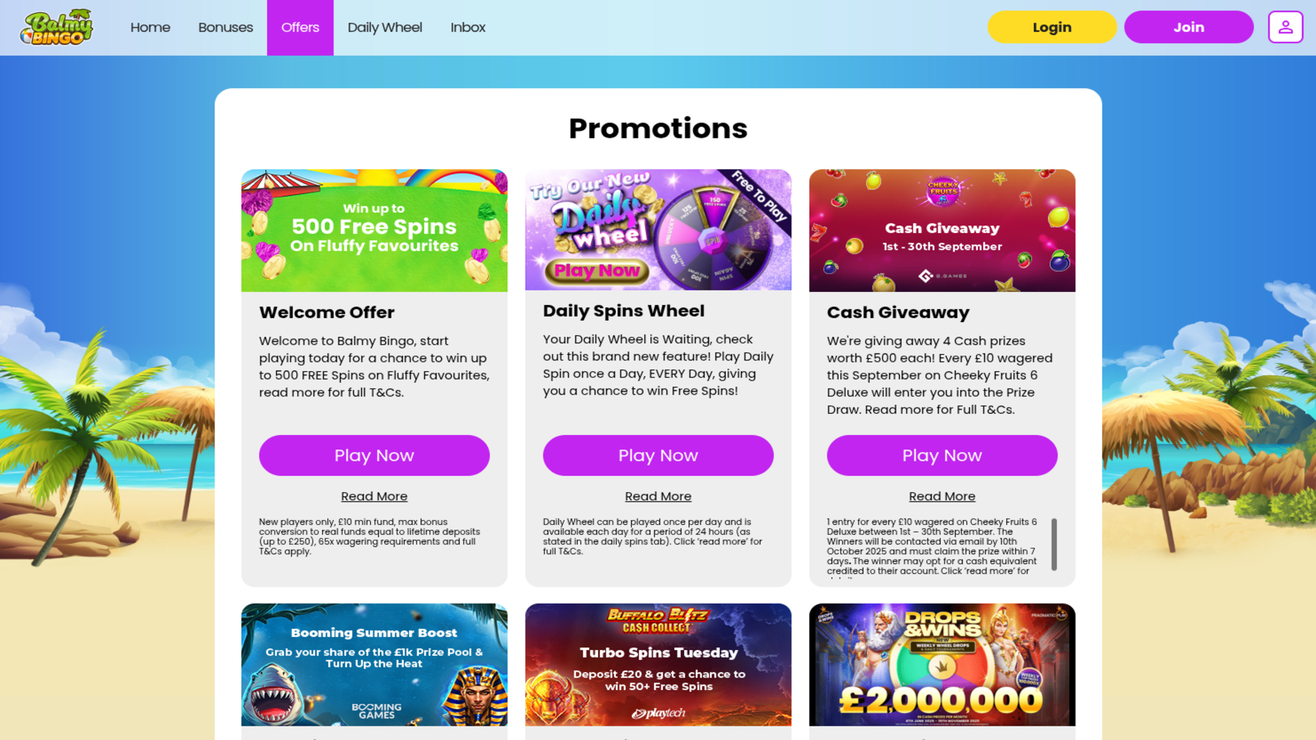 Balmy Bingo Desktop Promotions