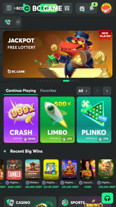 BC.Game Casino Mobile Homepage