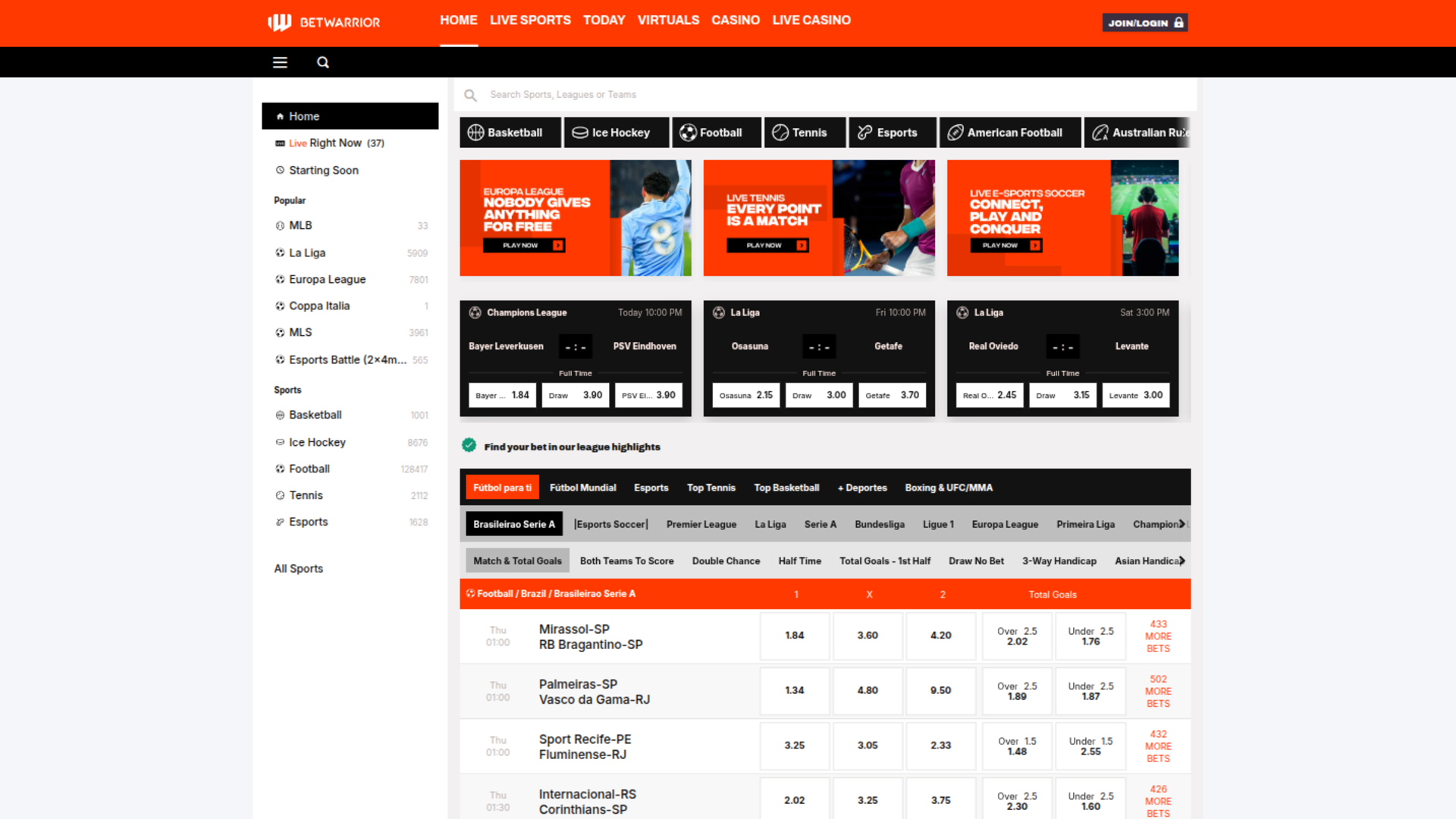 Bet Warrior Desktop Homepage
