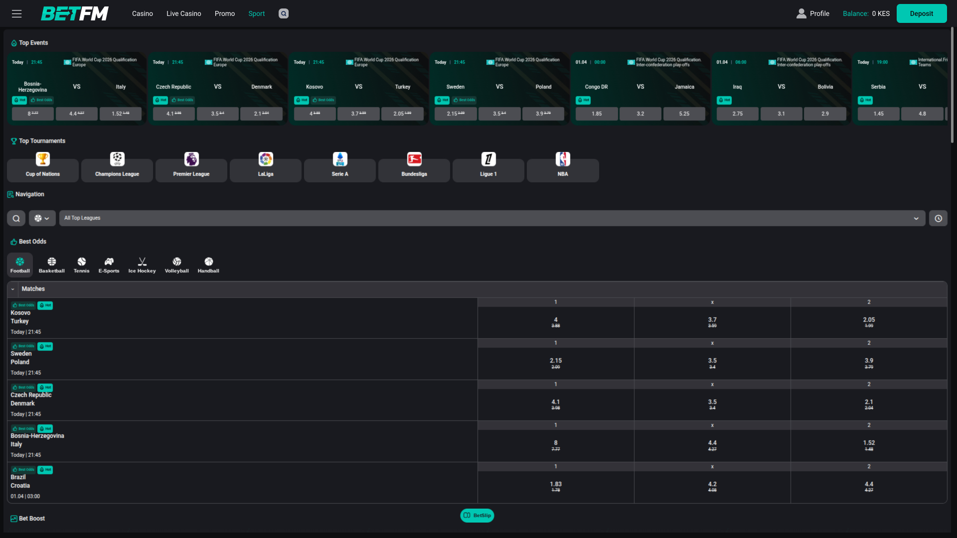 Sports of Betfm Casino for Desktop