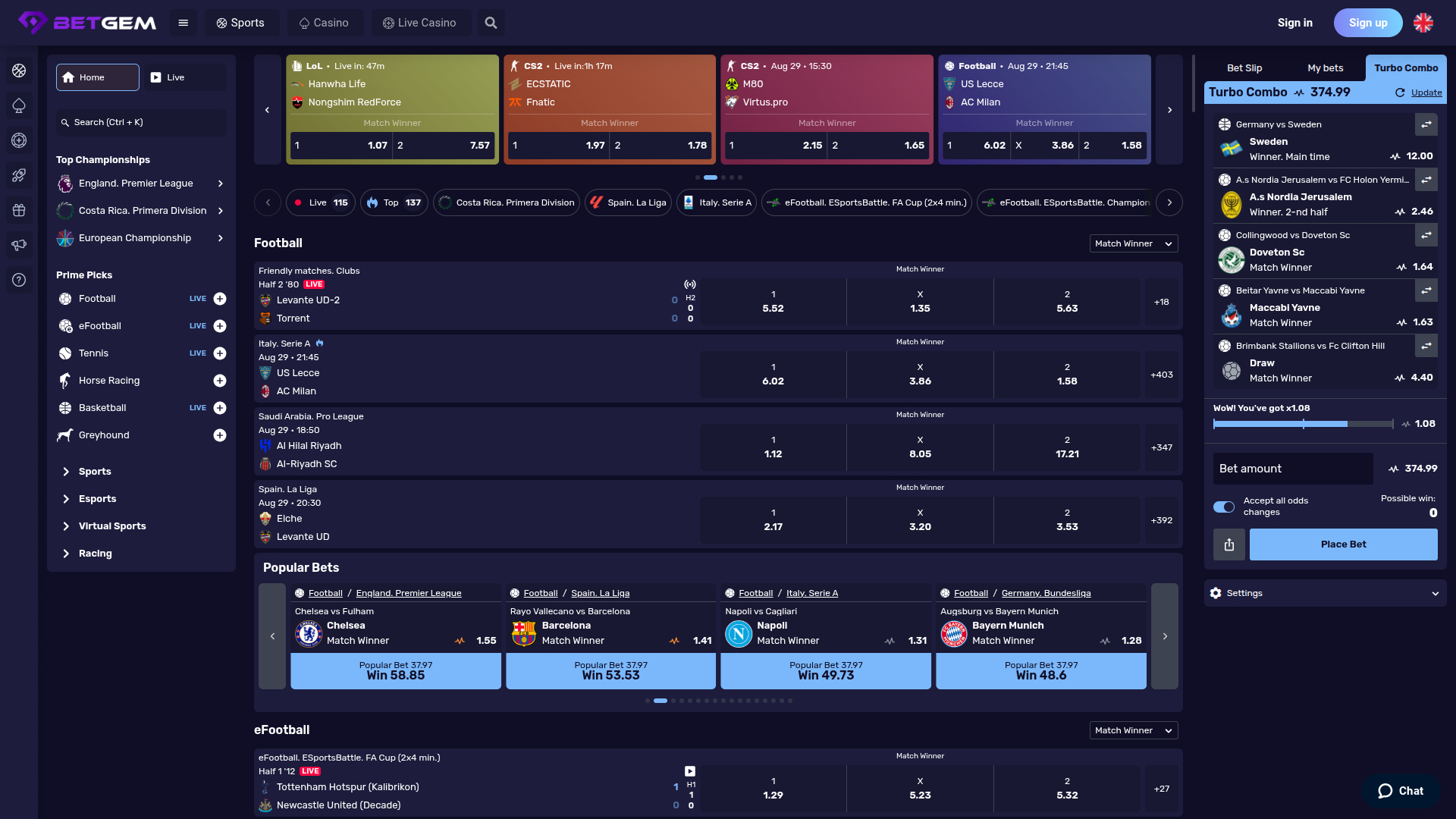 BetGem Casino Desktop Sports