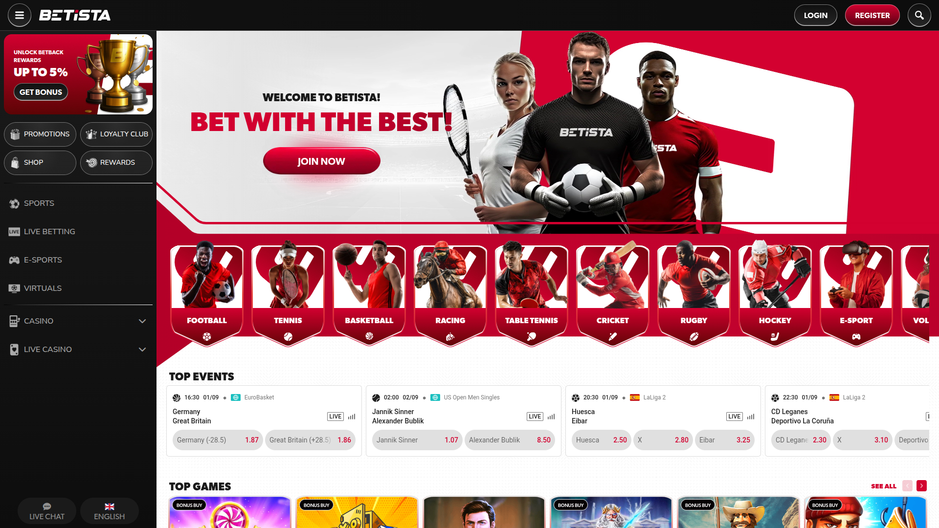 Betista Casino Desktop Homepage