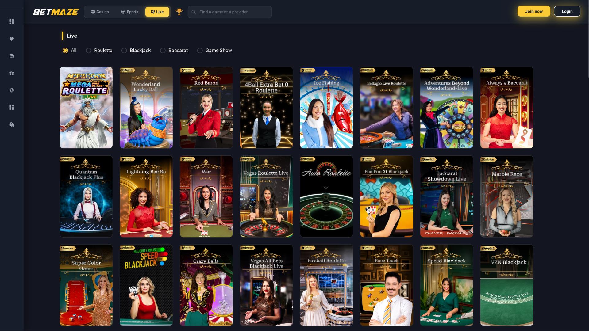 Betmaze Casino live dealer page