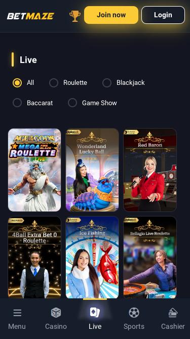 Betmaze Casino live dealer mobile page