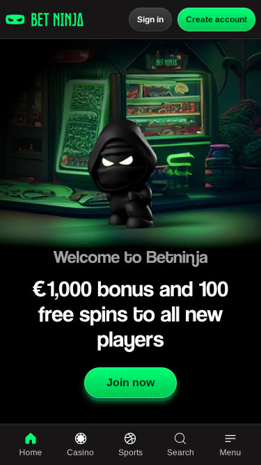 Betninja Casino Mobile Homepage