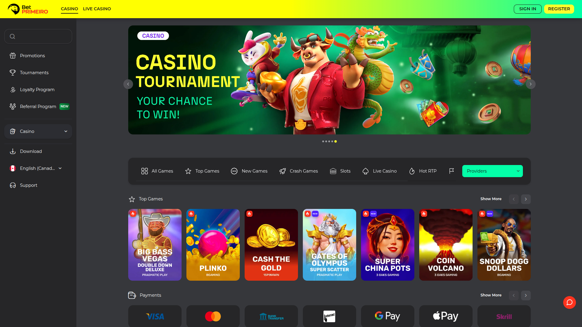 BetPRIMEIRO Casino Desktop Homepage