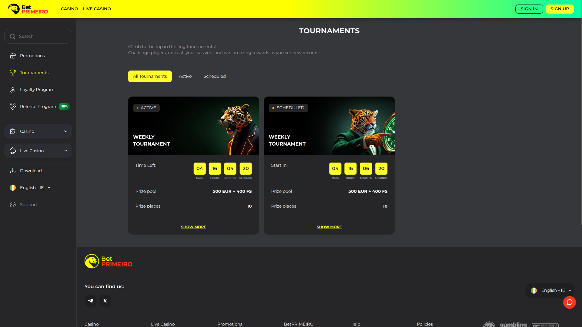 BetPRIMEIRO Casino Desktop Tournaments