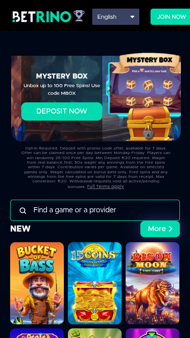 Betrino Casino Mobile Homepage