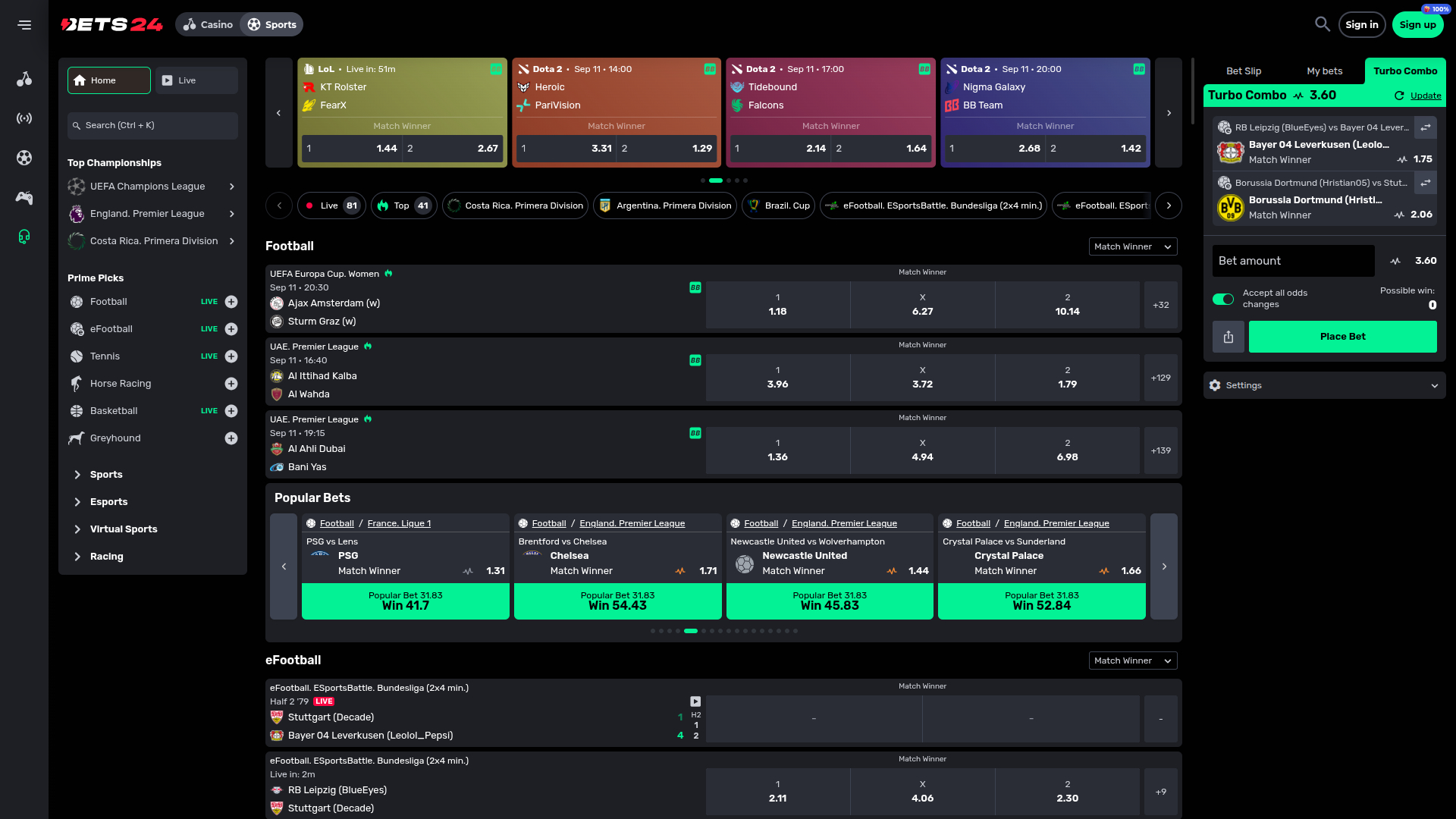 Bets24 Casino Desktop Sports
