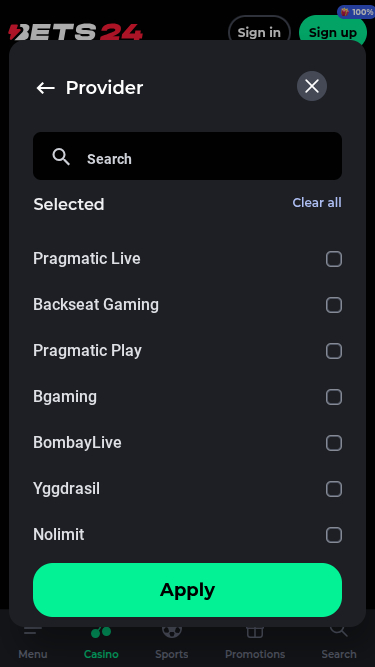 Bets24 Casino Mobile Game Developers