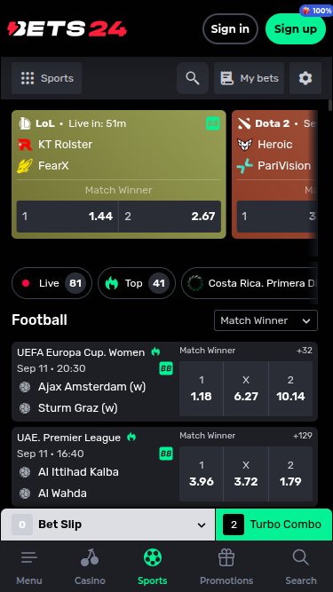 Bets24 Casino Mobile Sports