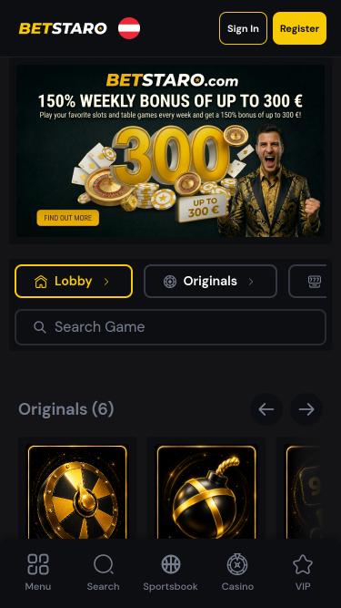 BetStaro Casino mobile homepage