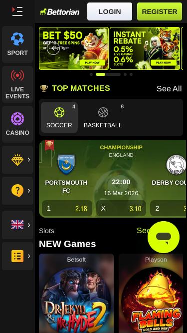 Bettorian Casino mobile homepage