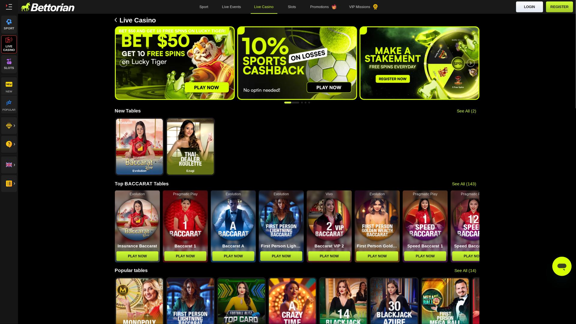 Bettorian Casino live dealer page