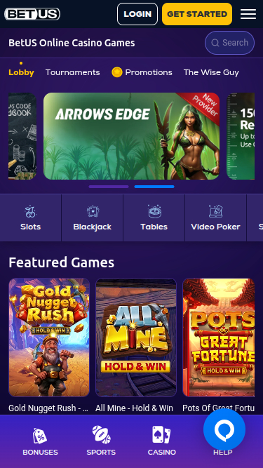 BetUS Casino Mobile Homepage