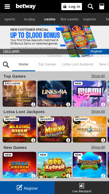 Betway Casino Mobile Homepage