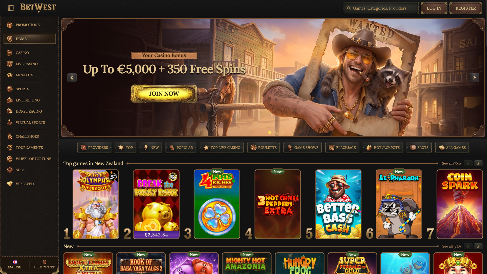 Betwest Casino Desktop Homepage