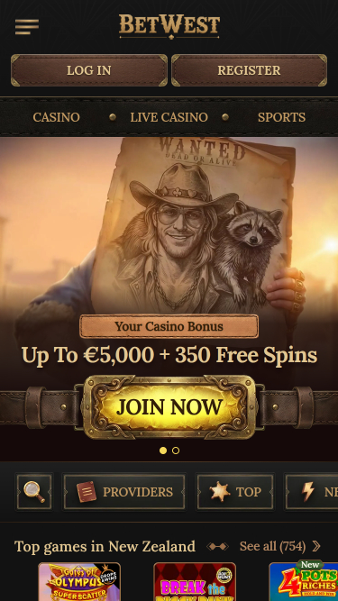 Betwest Casino Mobile Homepage