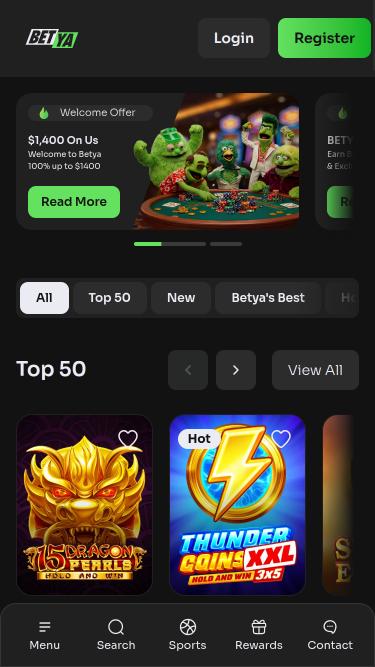 Betya Casino mobile homepage