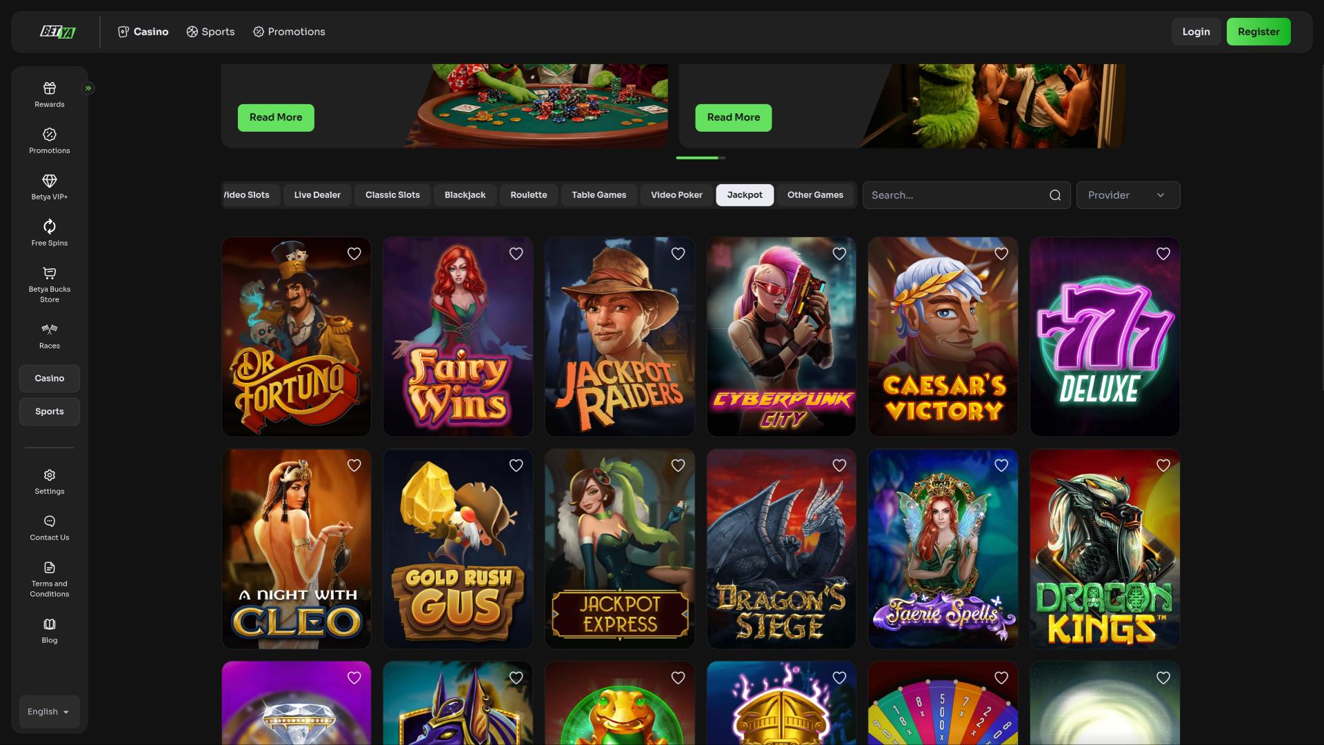 Betya Casino jackpot page
