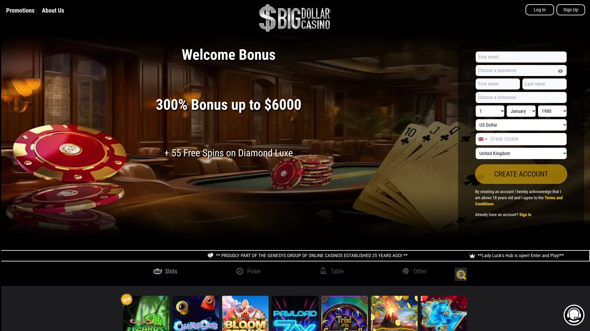 Big Dollar Casino Desktop Homepage