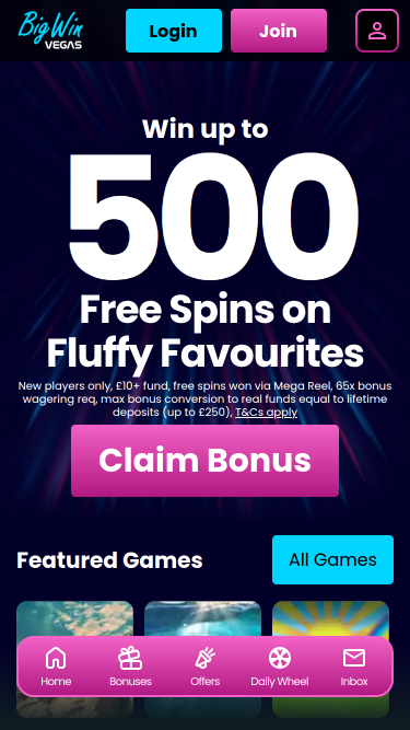 Big Win Vegas Casino Mobile Homepage