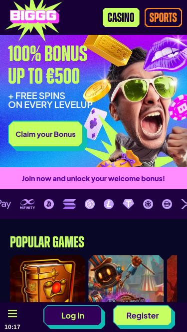 BIGGG Casino mobile homepage
