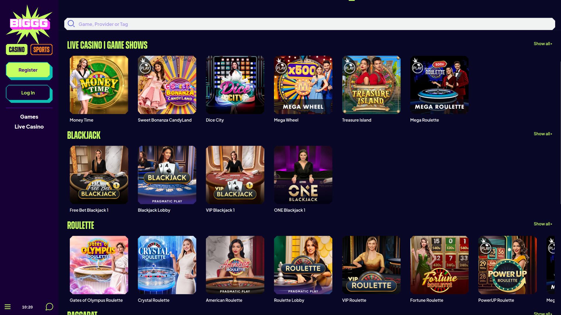 BIGGG Casino live dealer page