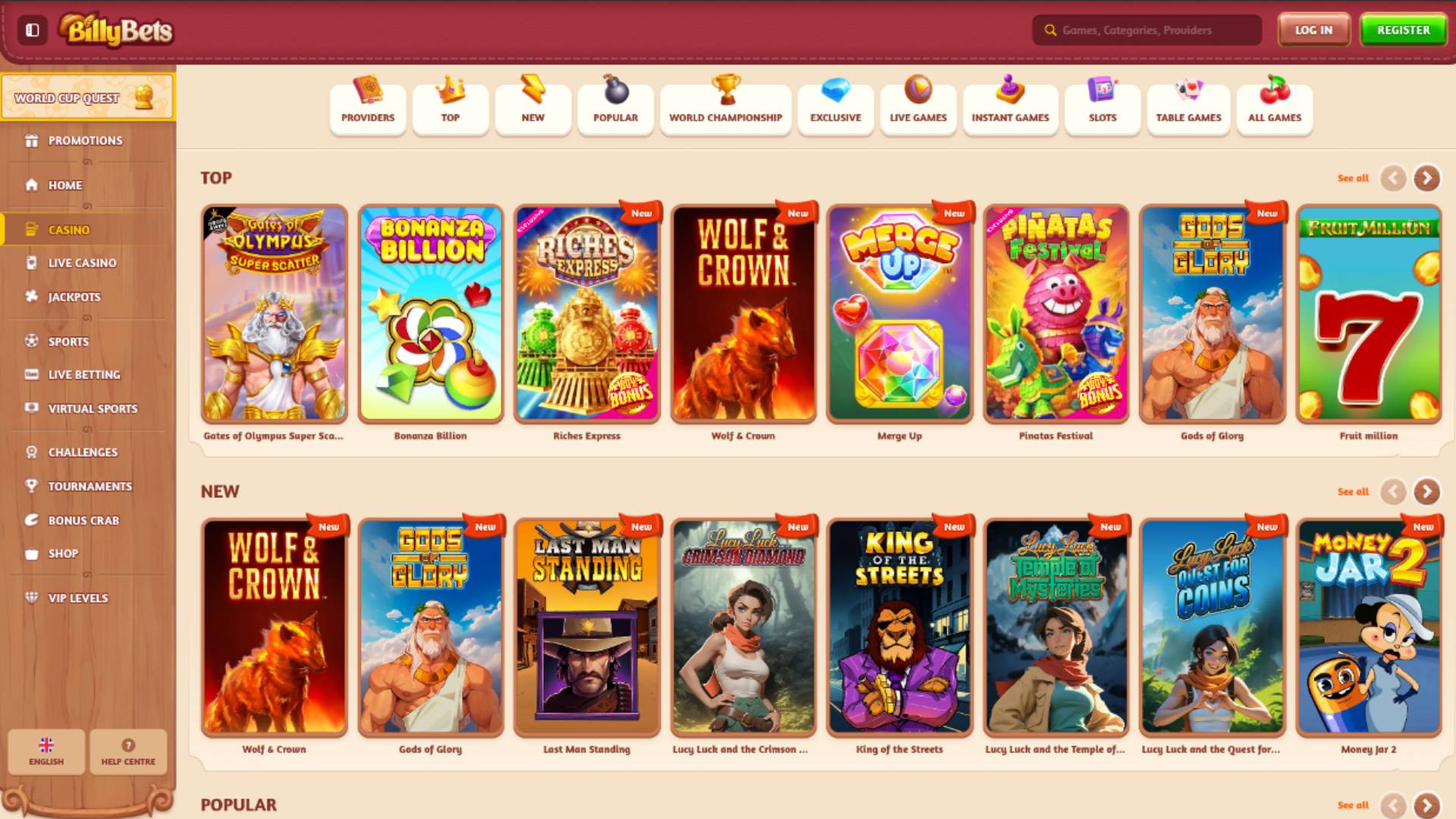 Games page screenshot of BillyBets Casino