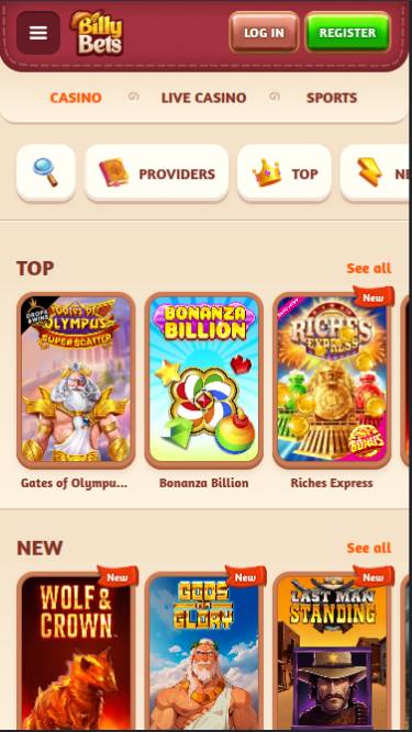Games mobile page screenshot of BillyBets Casino