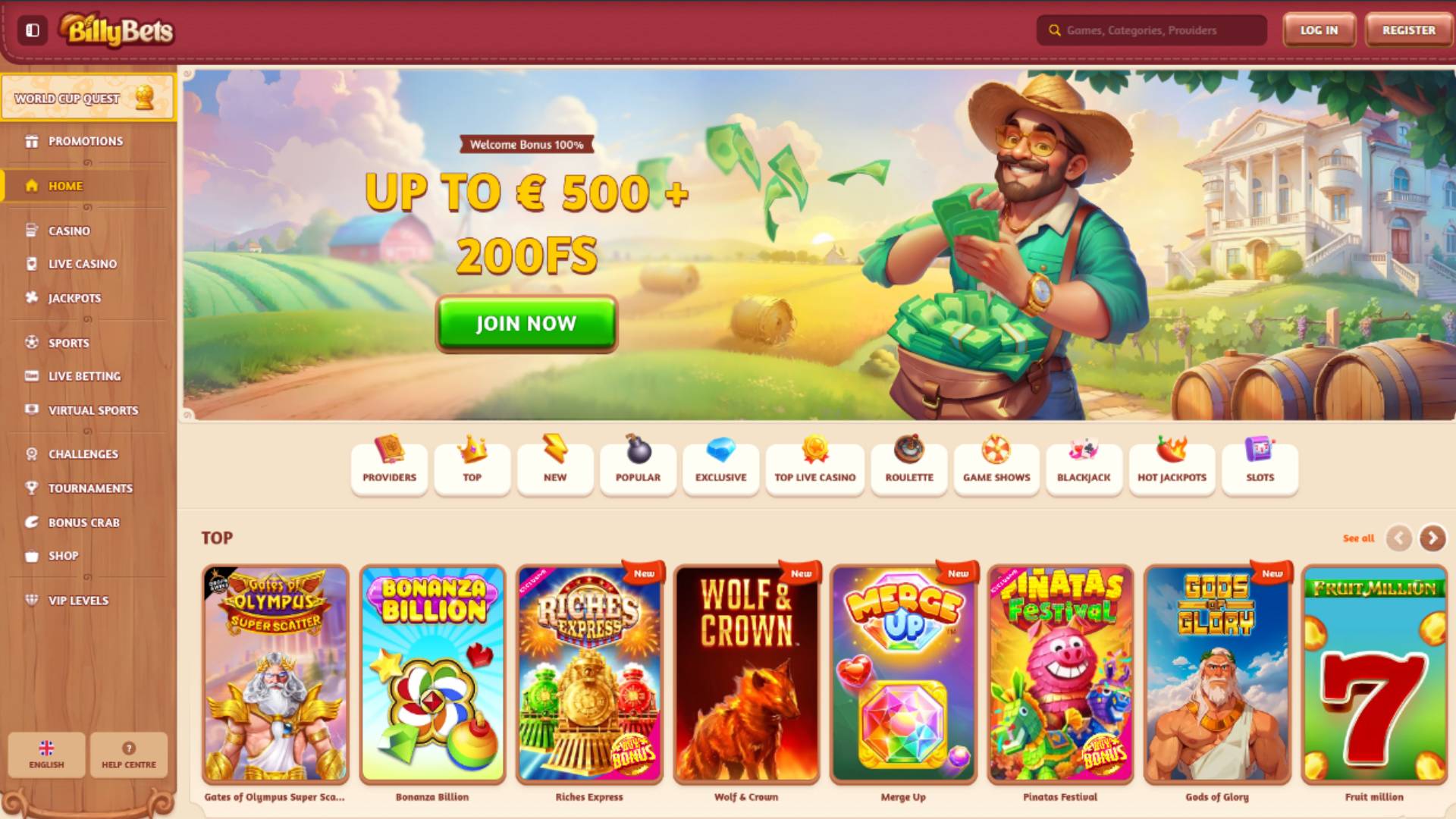 Homepage screenshot of BillyBets Casino