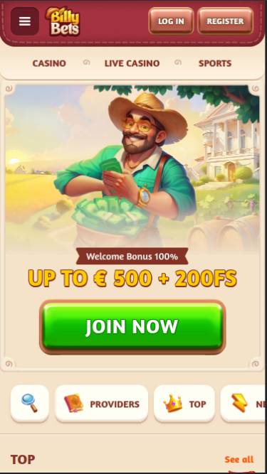 Homepage mobile screenshot of BillyBets Casino