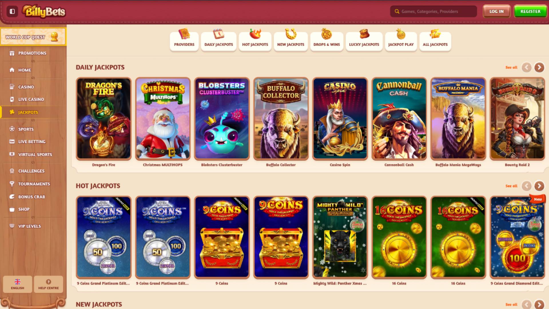 Jackpot page screenshot of BillyBets Casino