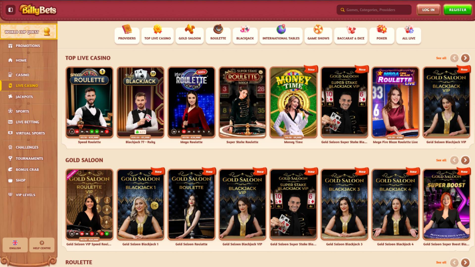 Live page screenshot of BillyBets Casino