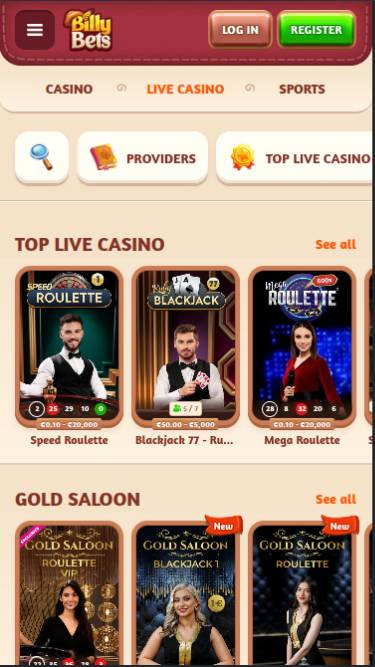 Live mobile page screenshot of BillyBets Casino