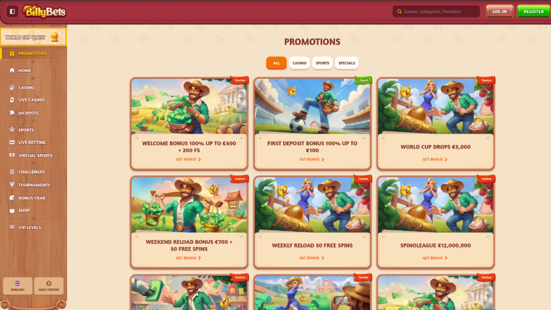 Promotions page screenshot of BillyBets Casino
