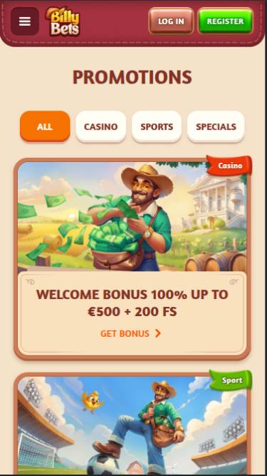 Promotions mobile page screenshot of BillyBets Casino