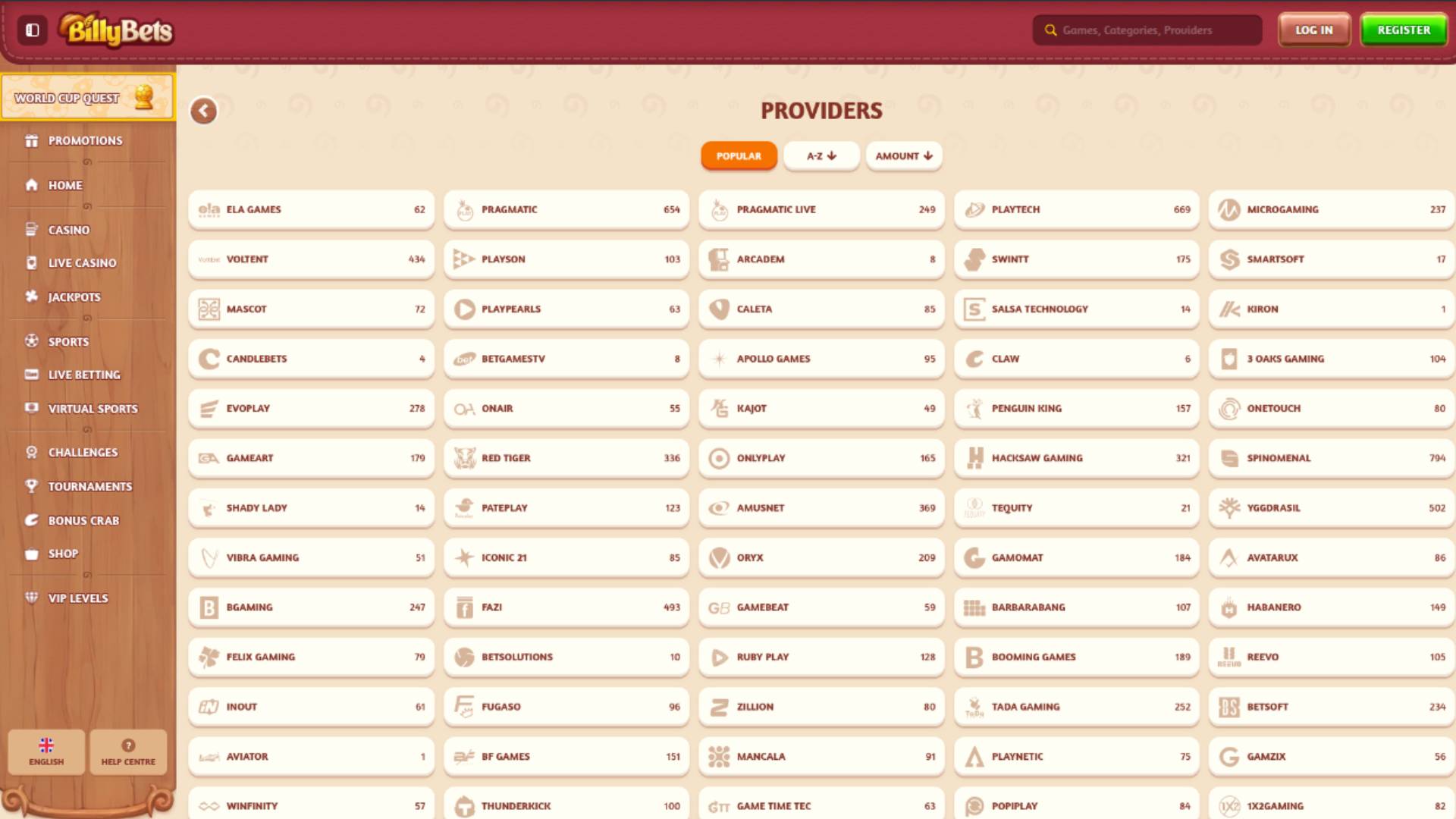 Providers page screenshot of BillyBets Casino