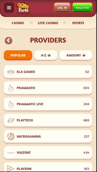 Providers mobile page screenshot of BillyBets Casino