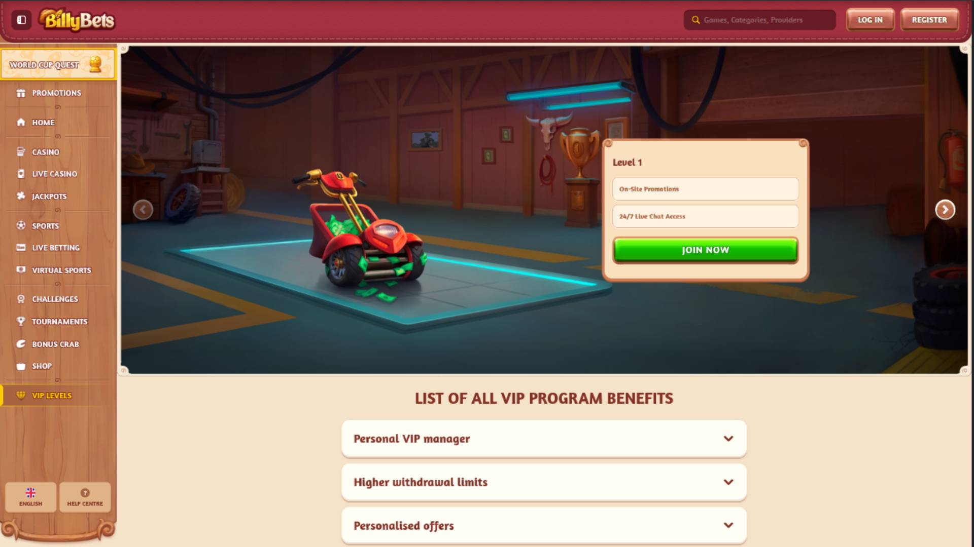 VIP page screenshot of BillyBets Casino