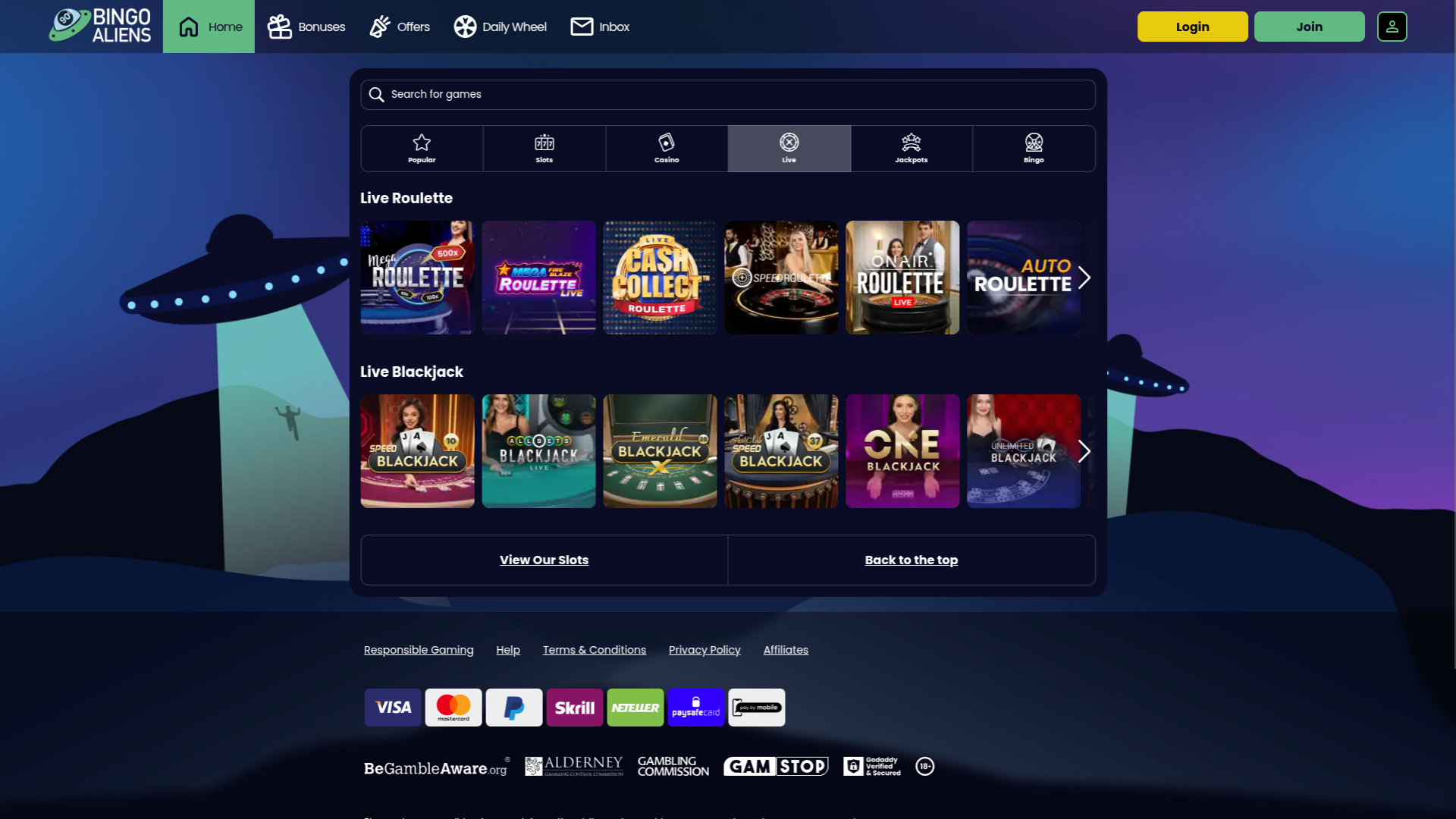 Bingo Aliens Casino Desktop Live Dealer