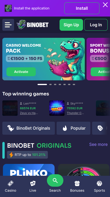 Bino.bet Casino Mobile Homepage