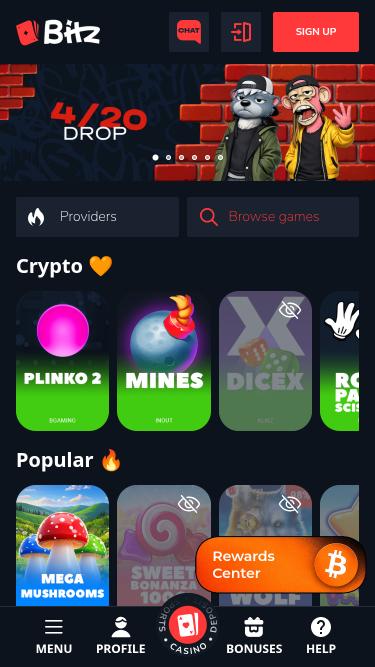 Bitz.io Casino mobile homepage