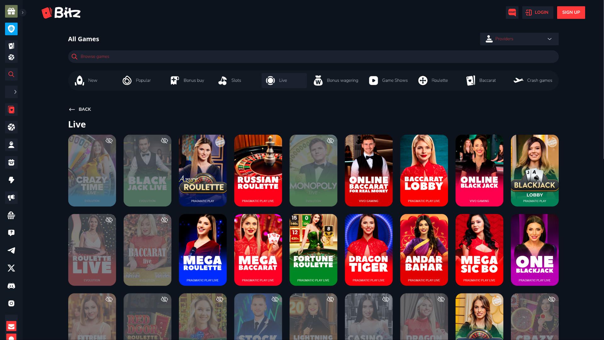Bitz.io Casino live dealer page