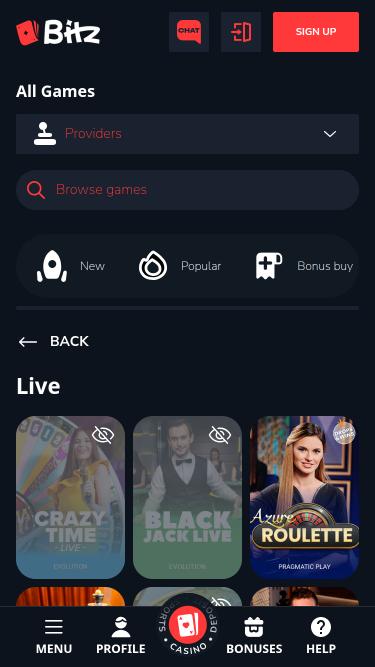 Bitz.io Casino live dealer mobile page